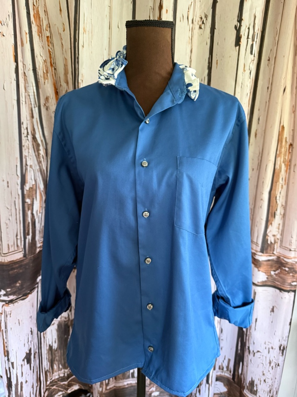 Reworked upcycled ruffle high neck arrow medium size blue button up shirt